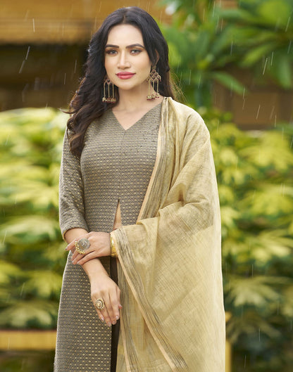 Beige Woven Chinnon A-Line Kurta With Pant And Dupatta