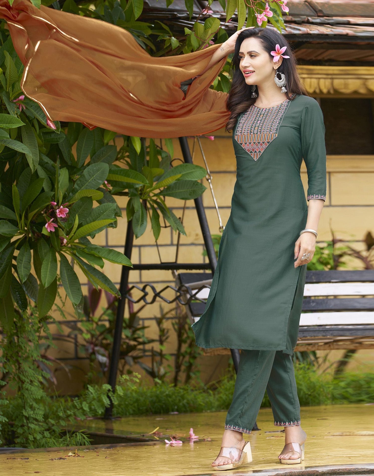 Mouve Green Embroidery Chinnon Straight Kurta With Pant And Dupatta
