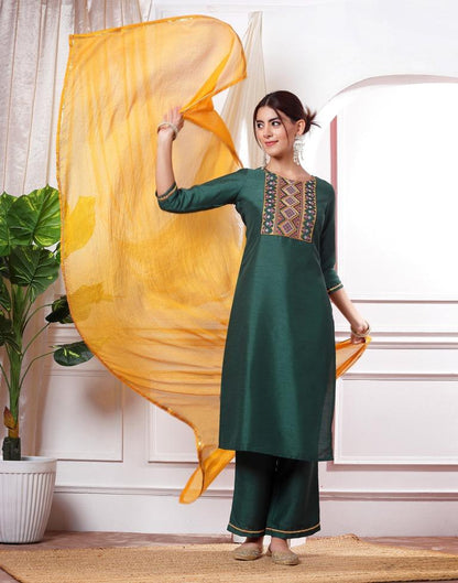 Green Embroidery Silk Straight kurta With Pant And Dupatta