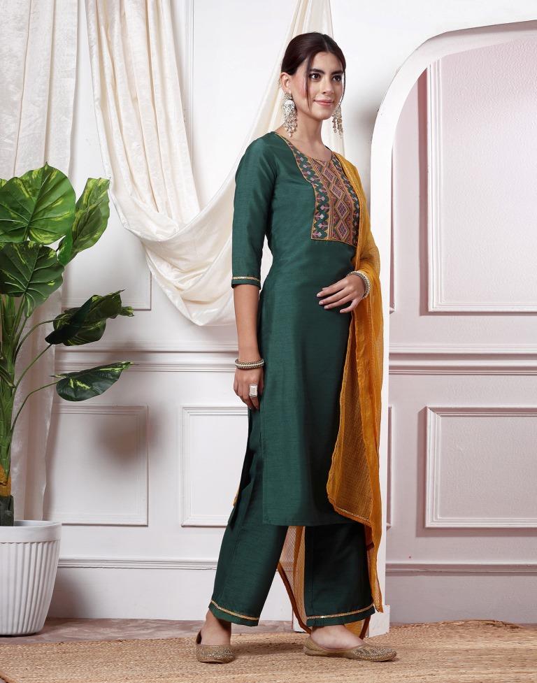 Green Embroidery Silk Straight kurta With Pant And Dupatta