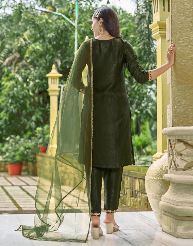 Bottle Green Embroidery Velvet Straight Kurta With Pant And Dupatta
