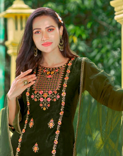 Bottle Green Embroidery Velvet Straight Kurta With Pant And Dupatta