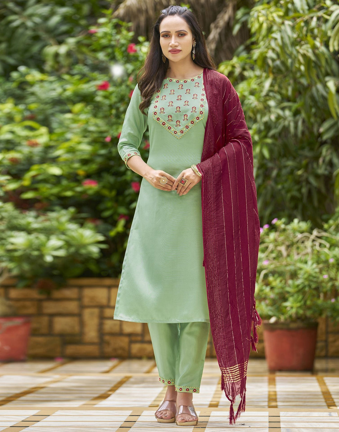 Pista Green Embroidery Silk Straight Kurta With Pant And Dupatta