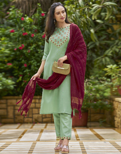 Pista Green Embroidery Silk Straight Kurta With Pant And Dupatta