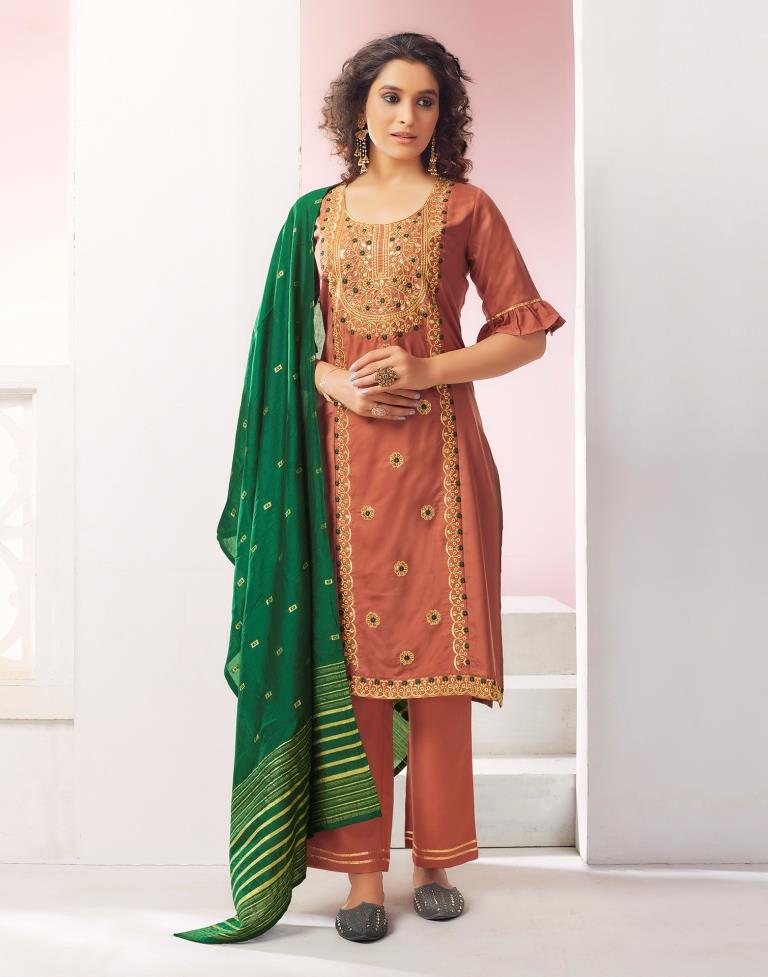 Light Brown Embroidery Rayon Straight Kurta With Pant And Dupatta