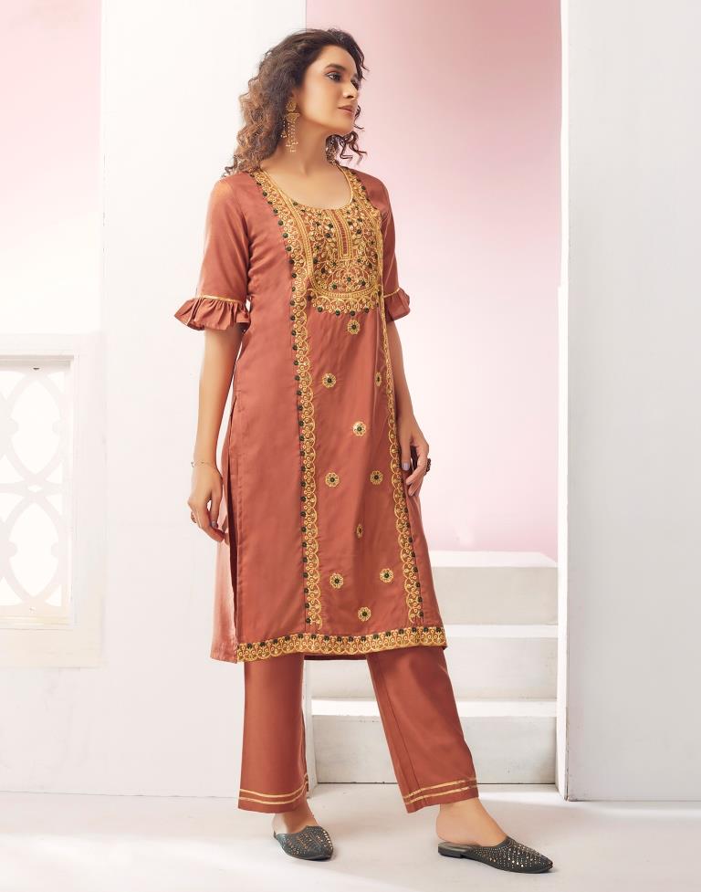 Light Brown Embroidery Rayon Straight Kurta With Pant And Dupatta
