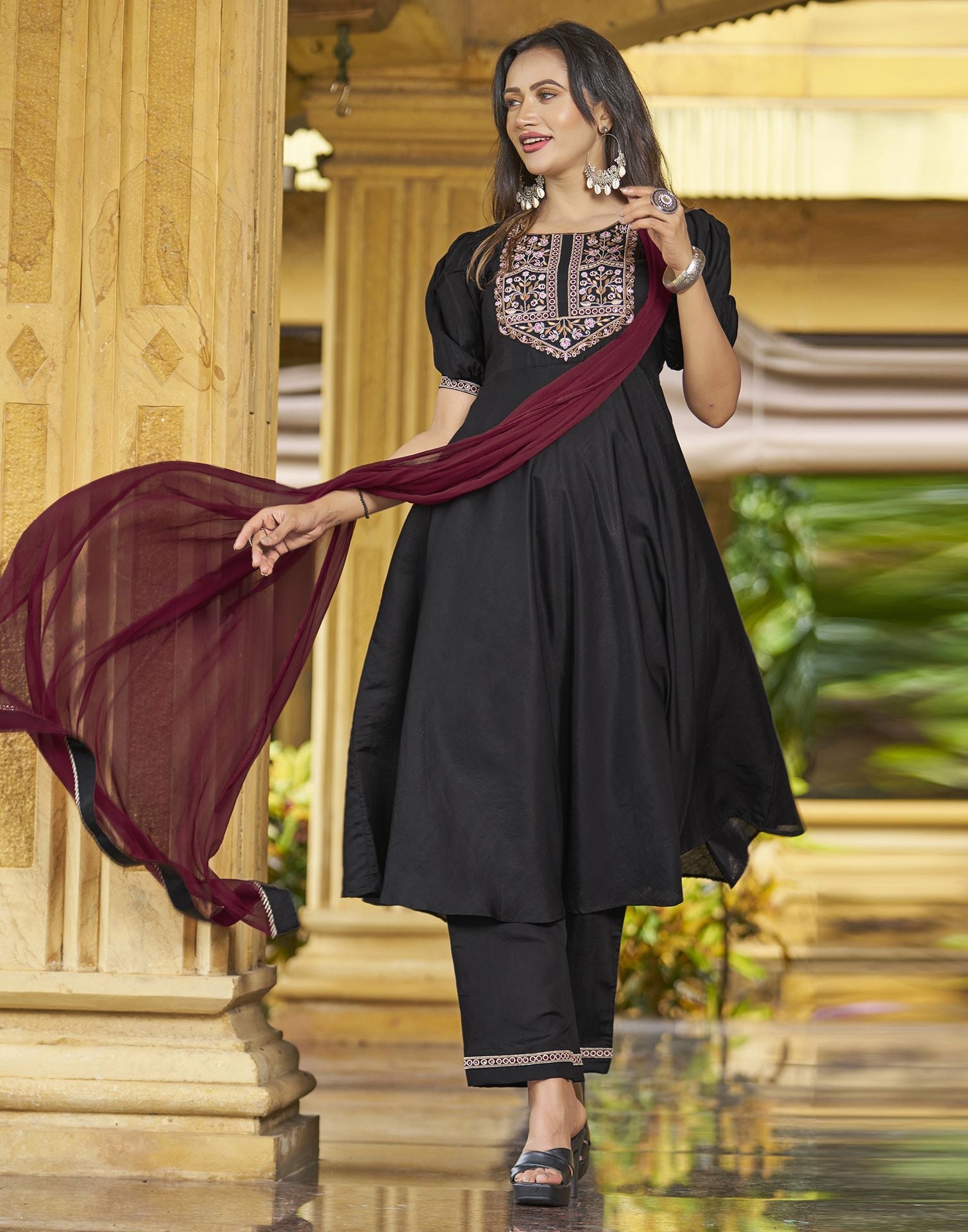 Black Embroidery Silk A-Line Kurta With Pant And Dupatta