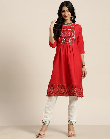 Red Cotton Kurta With Pant | Leemboodi