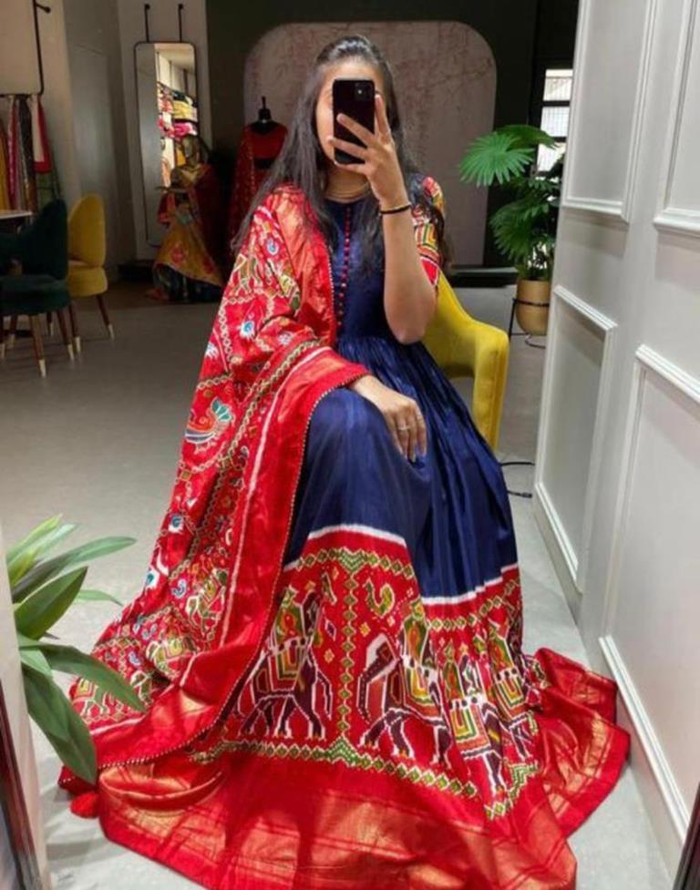 Blue Red Printed Silk Gown Kurta With Dupatta