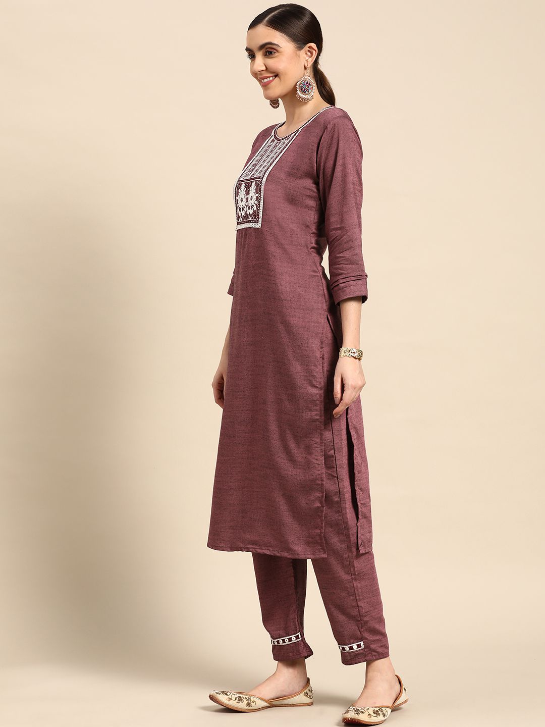 Purple Poly Cotton Embroidered Kurta with Trouser &amp; Dupatta | Leemboodi
