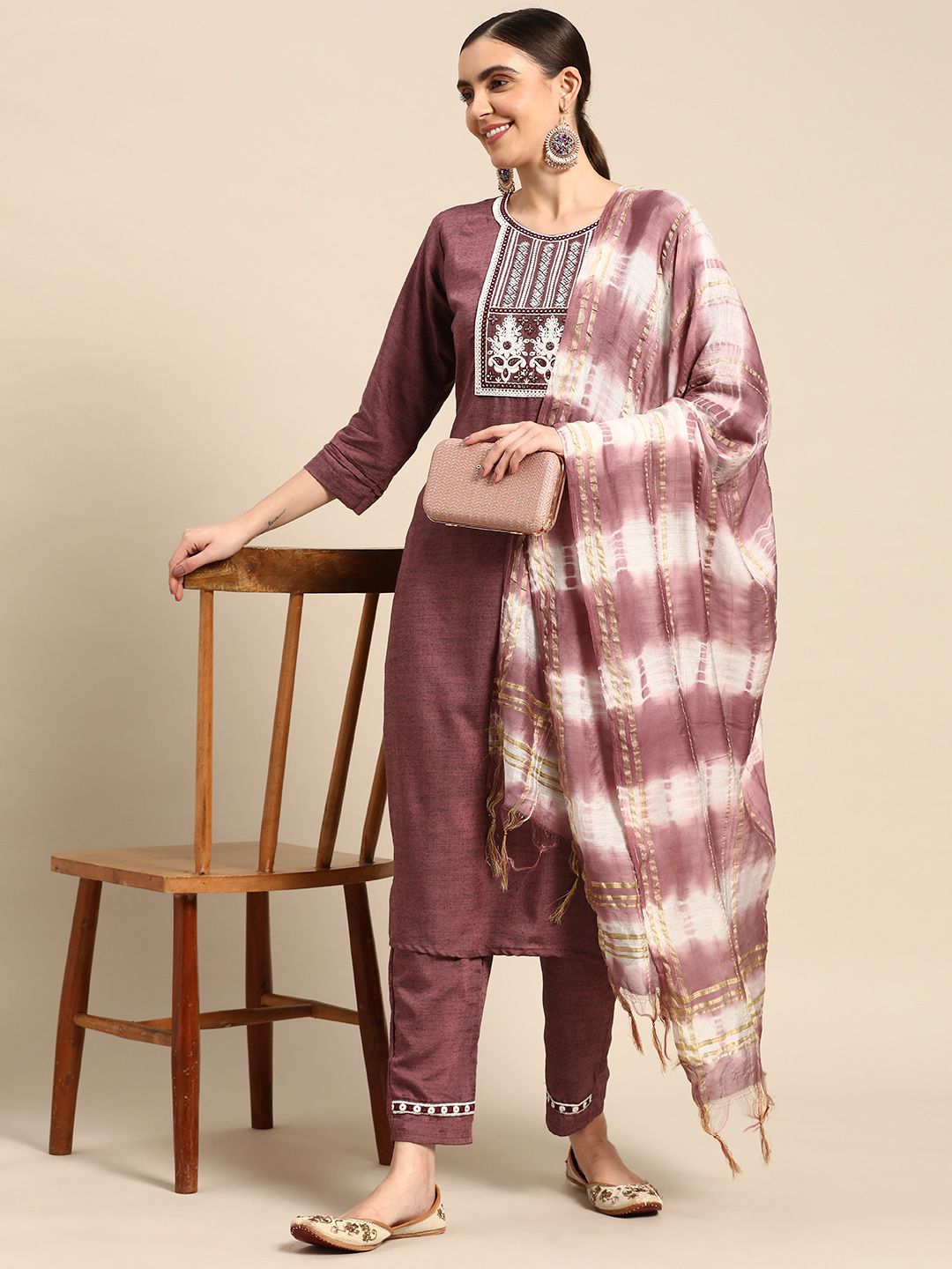 Purple Poly Cotton Embroidered Kurta with Trouser &amp; Dupatta | Leemboodi