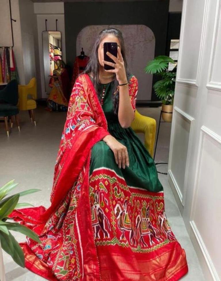 Green Red Printed Silk Gown Kurta With Dupatta