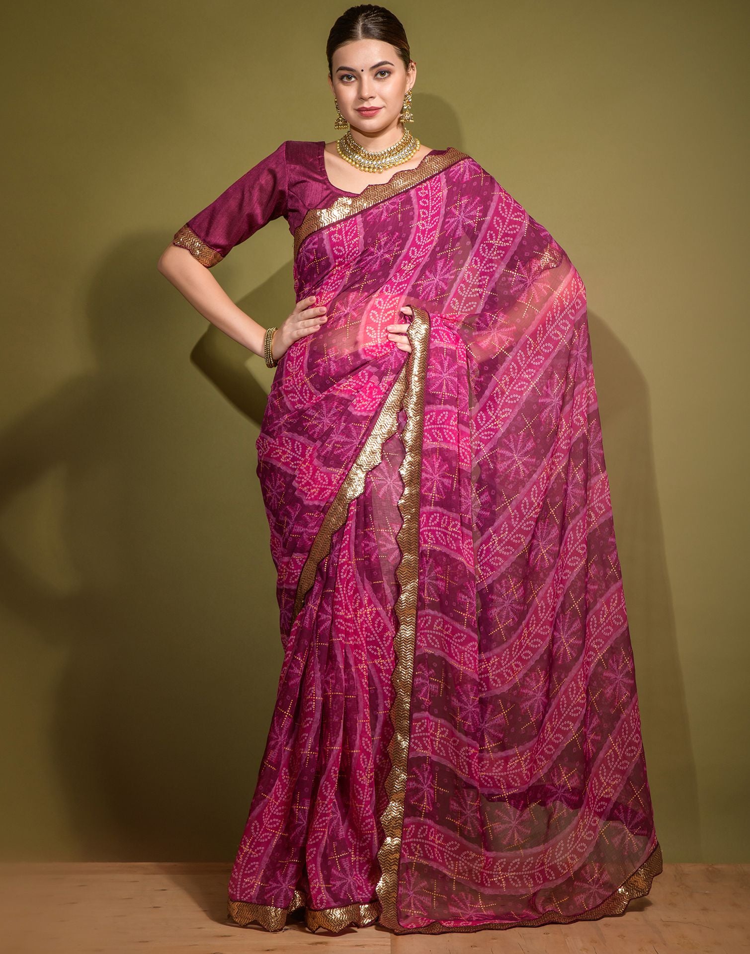 Buy Online Bandhani Printed Chiffon Trendy Saree in Magenta : 55980 - Saree