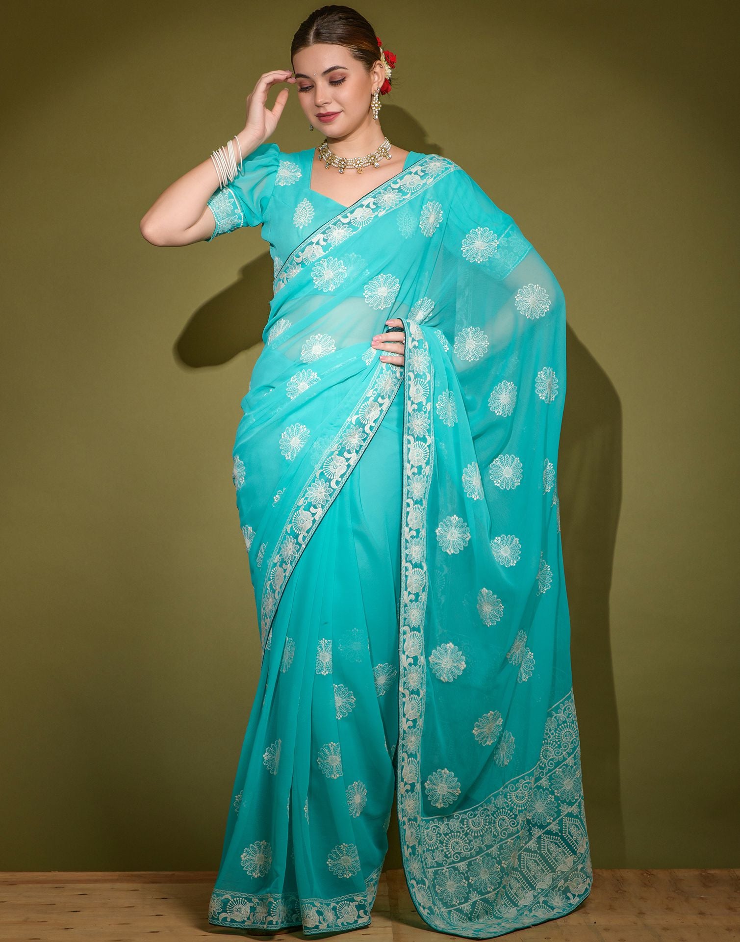 Sea green color lakhnavi organza weaving work saree with blouse - Monjolika  - 4201610