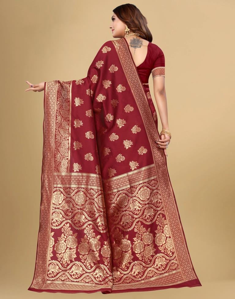 Floral Jaal Design Cherry Red Georgette Banarasi Silk Saree – Sundari Silks