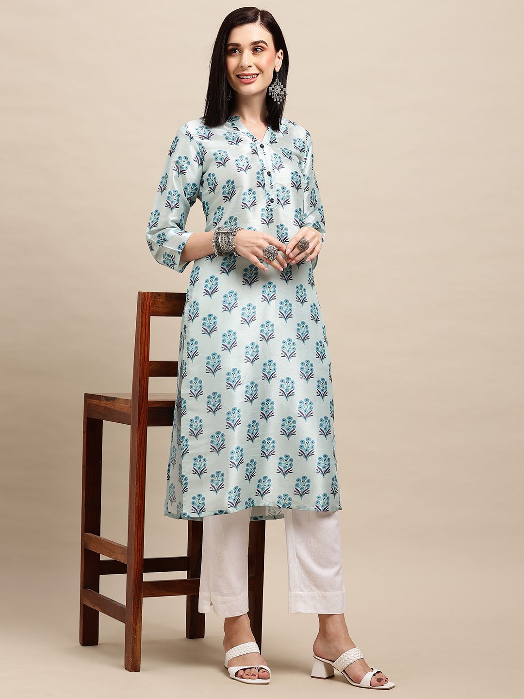 Tussar Silk 34th Sleeve Printed Kurti Size XL