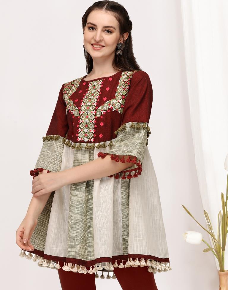 Deep Wine Cotton Embroidered Long Kedia Top