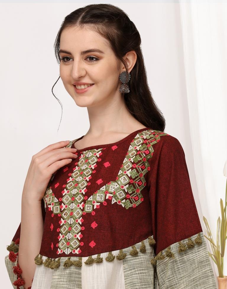 Deep Wine Cotton Embroidered Long Kedia Top
