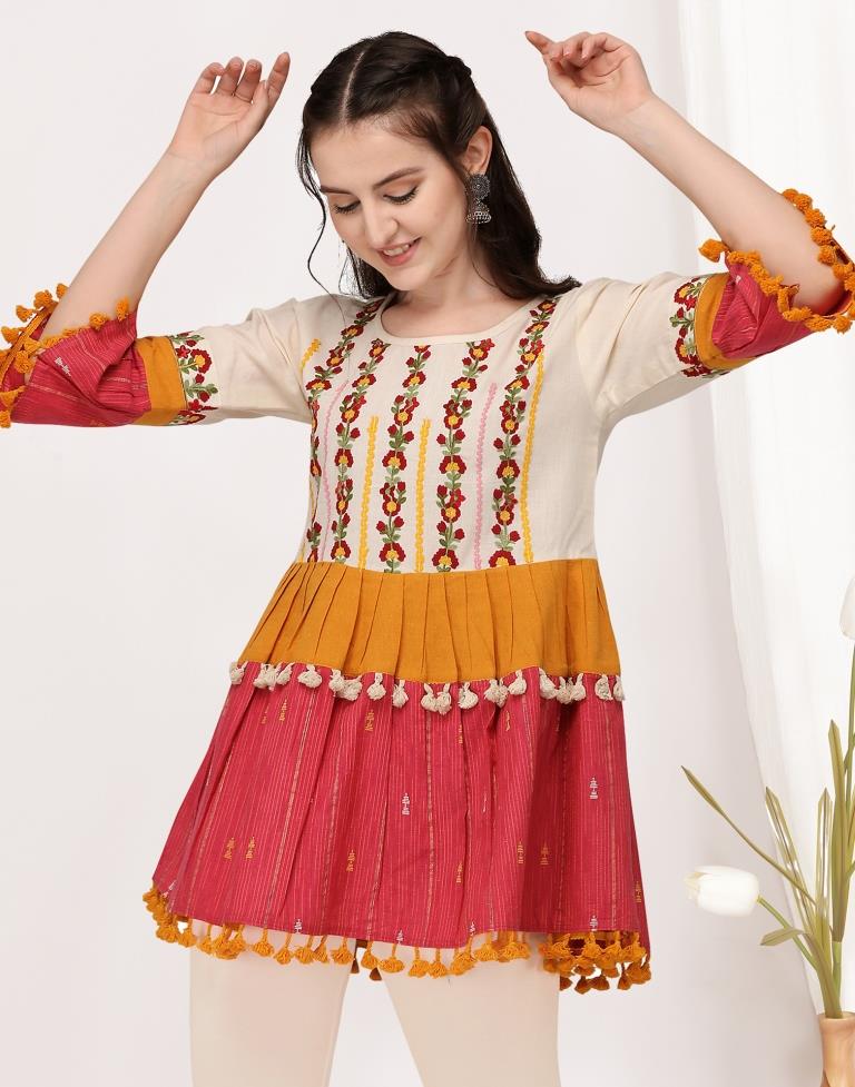 Cute Off-White And Pink Embroidered Long Kedia Top