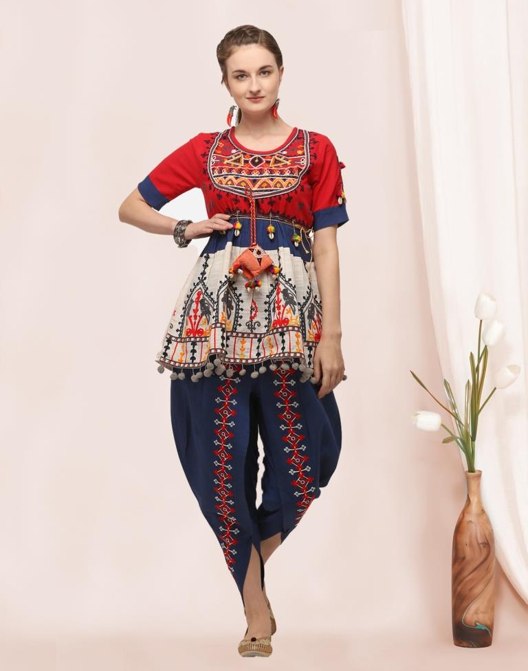 Red yoke embroidered kedia with pant