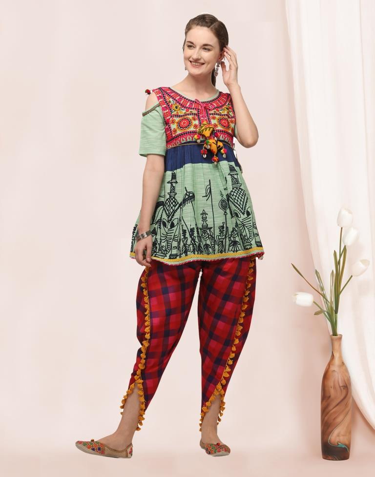 Green foke embroidered kedia with pant