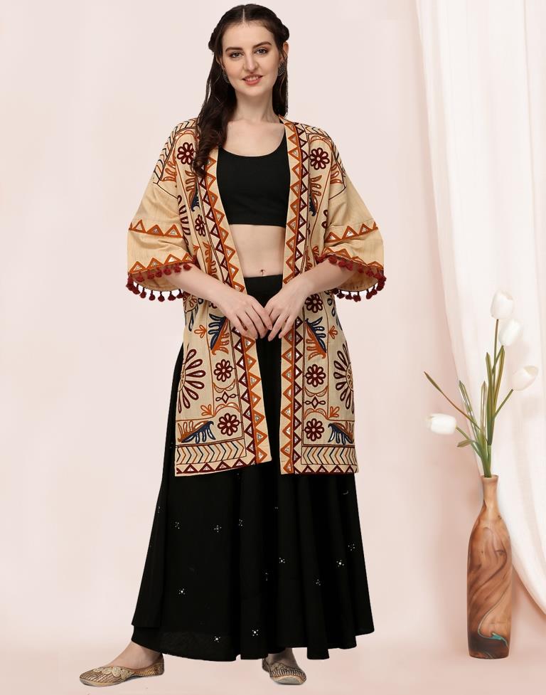 Beige Organic Cotton Long Fancy Embroidered Ethnic Jacket