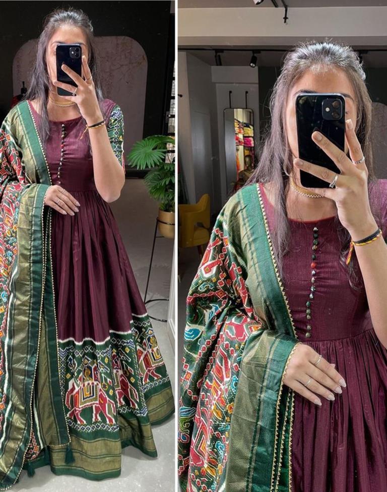Maroon Green Printed Silk Gown Kurta With Dupatta