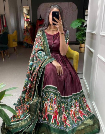 Maroon Green Printed Silk Gown Kurta With Dupatta