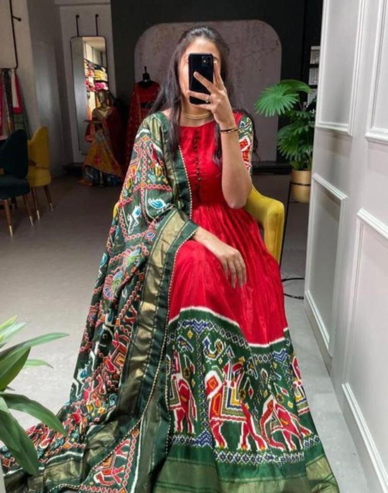 Red Green Printed Silk Gown Kurta With Dupatta