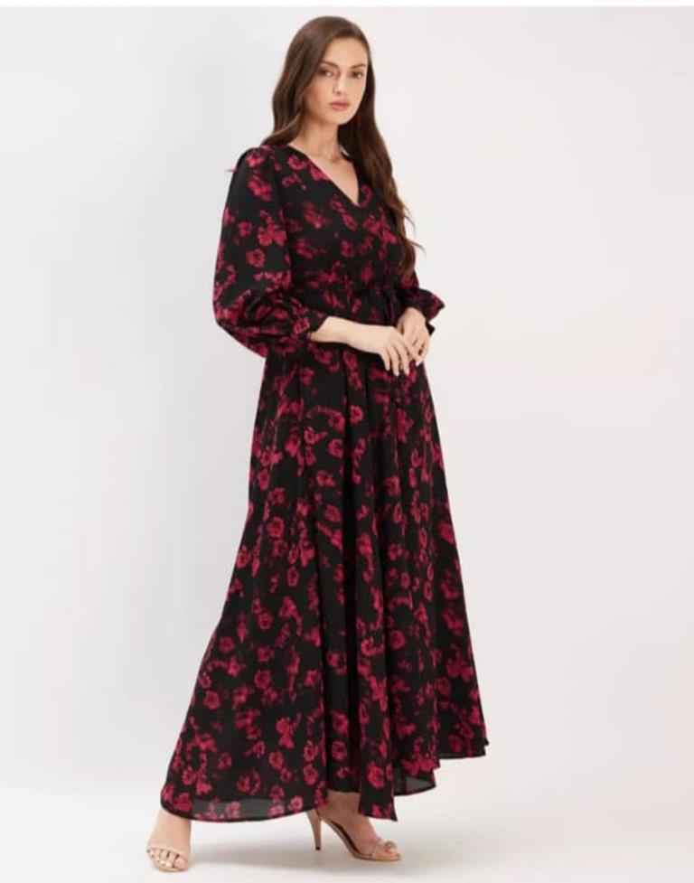 Black Red Printed Georgette Flared Dress