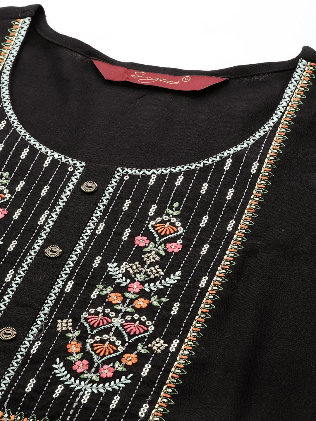 Black Poly Rayon Floral Embroidered Kurta | Leemboodi