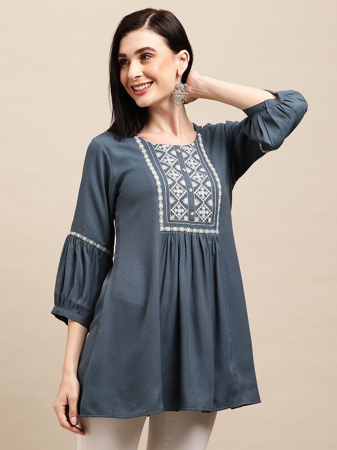 Grey Poly Rayon Floral Embroidered Top | Leemboodi