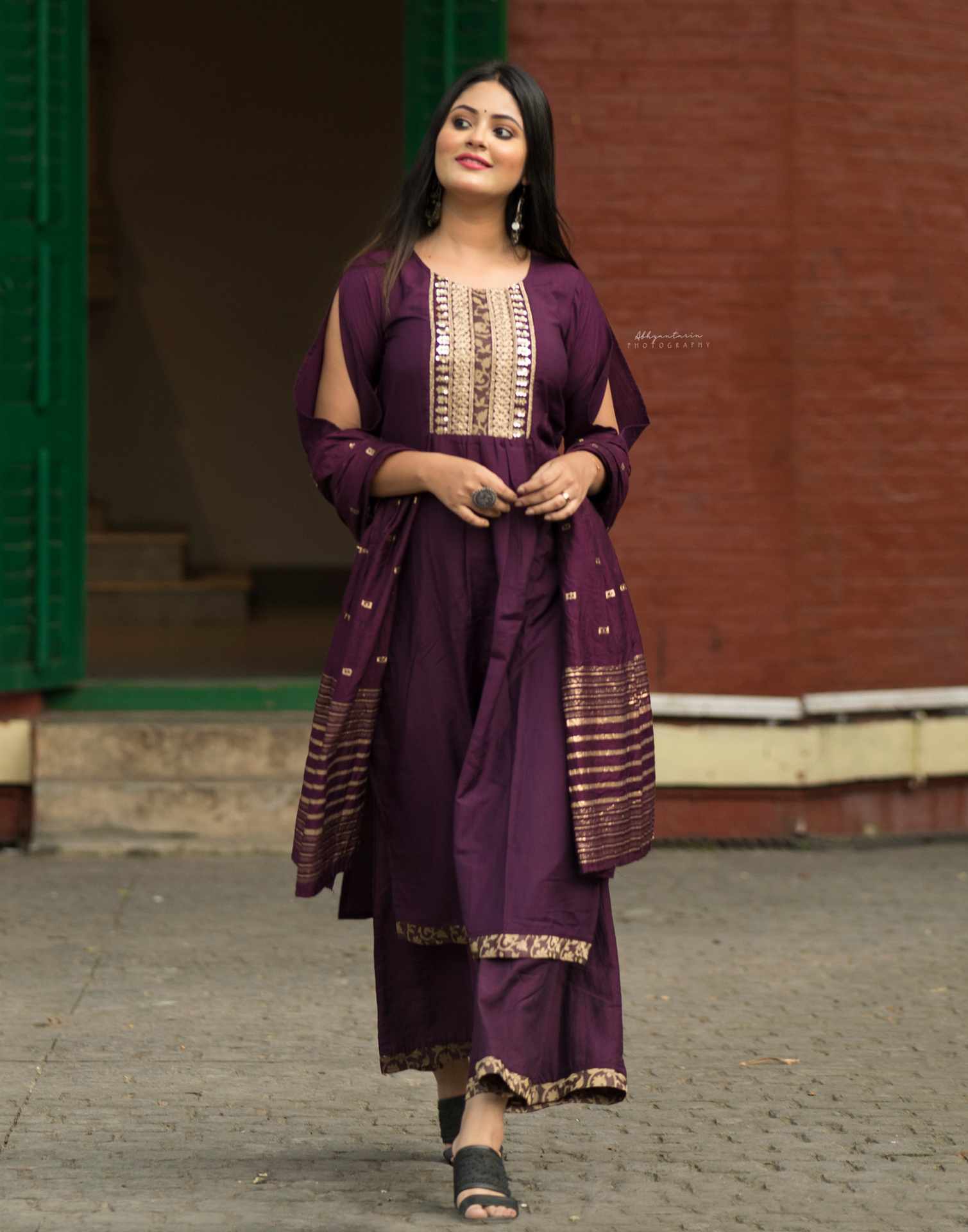 Wine Kurti With Palazzo And Dupatta