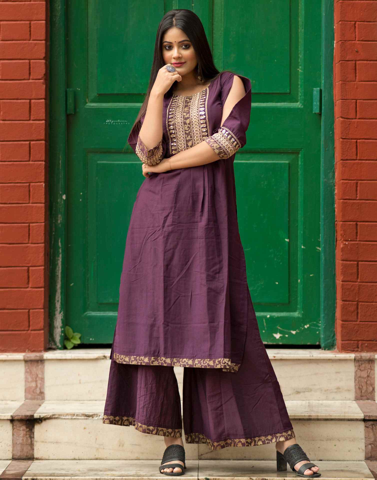 Wine Kurti With Palazzo And Dupatta