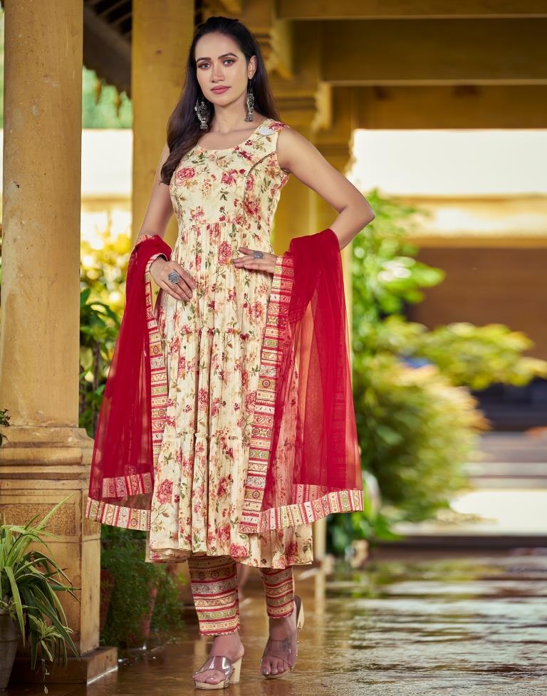 Beige Floral Printed Kurti With Pant And Dupatta