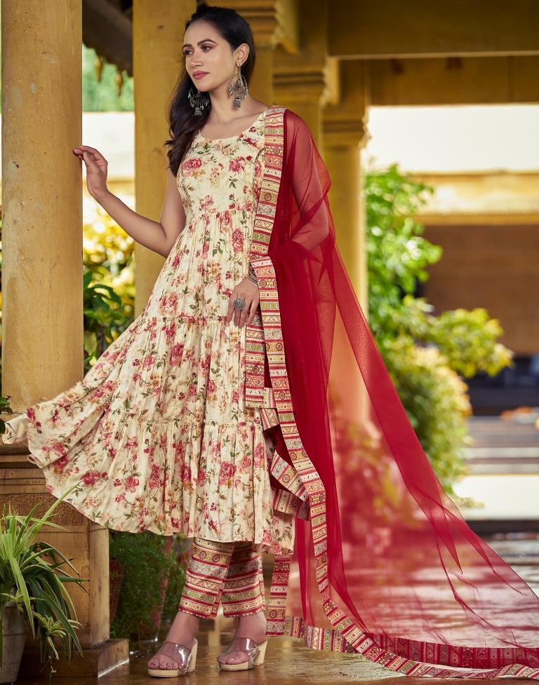 Beige Floral Printed Kurti With Pant And Dupatta