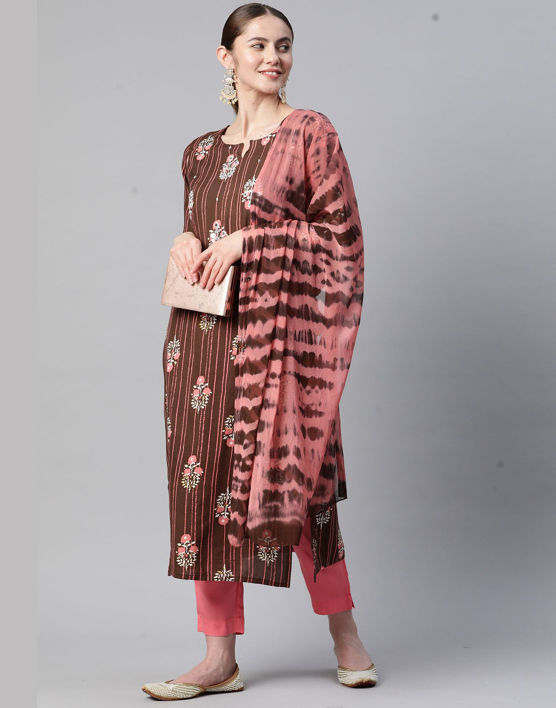 Brown Rayon Embroidery Straight Kurti With Pant And Dupatta | Leemboodi