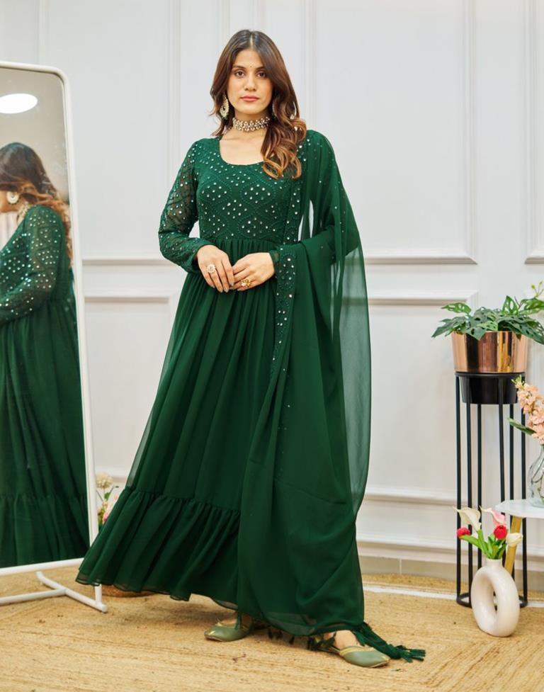 Bottle Green Embroidery Georgette Gown Kurta With Dupatta