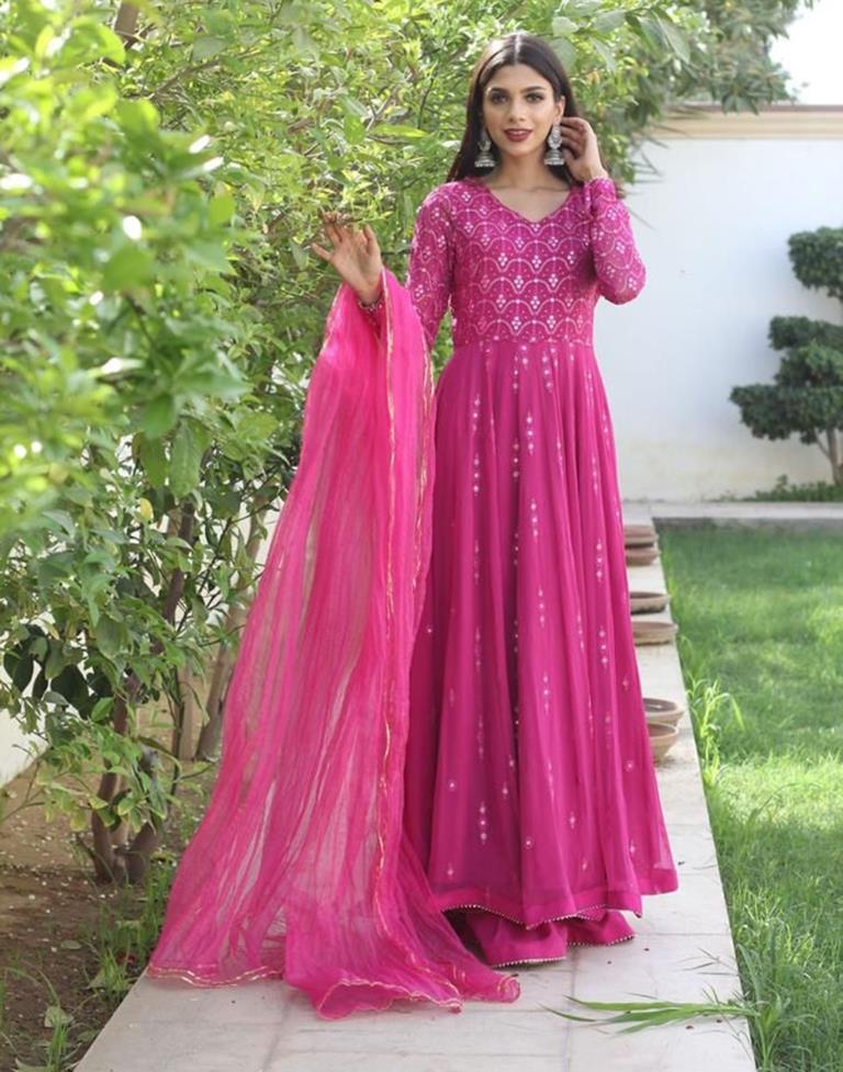 Pink Georgette Embroidery Kurta with Pant And Dupatta