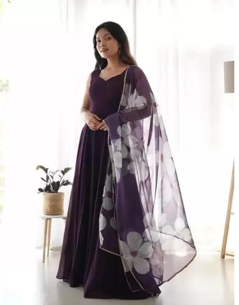 Purple Plain Georgette Gown Kurta With Dupatta