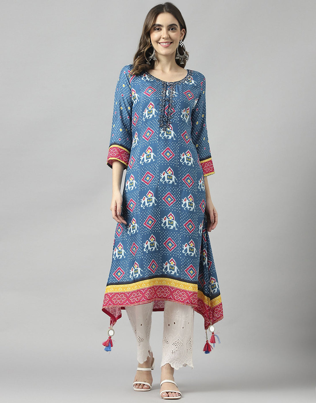 Blue Rayon Printed A-Line Kurta | Leemboodi