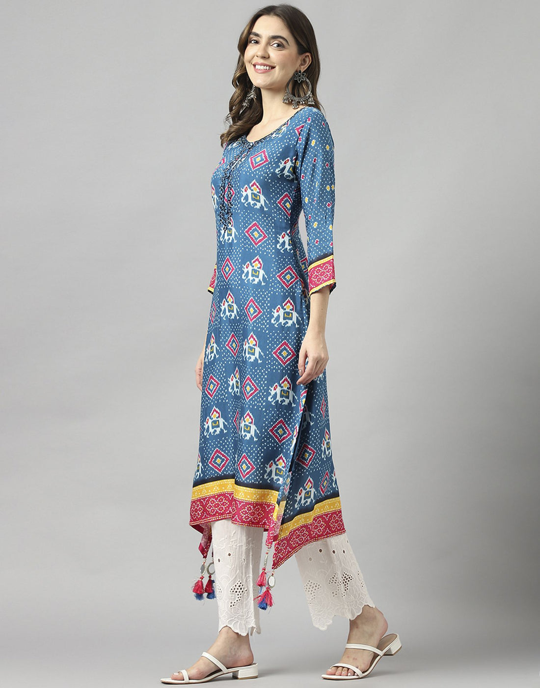 Blue Rayon Printed A-Line Kurta | Leemboodi