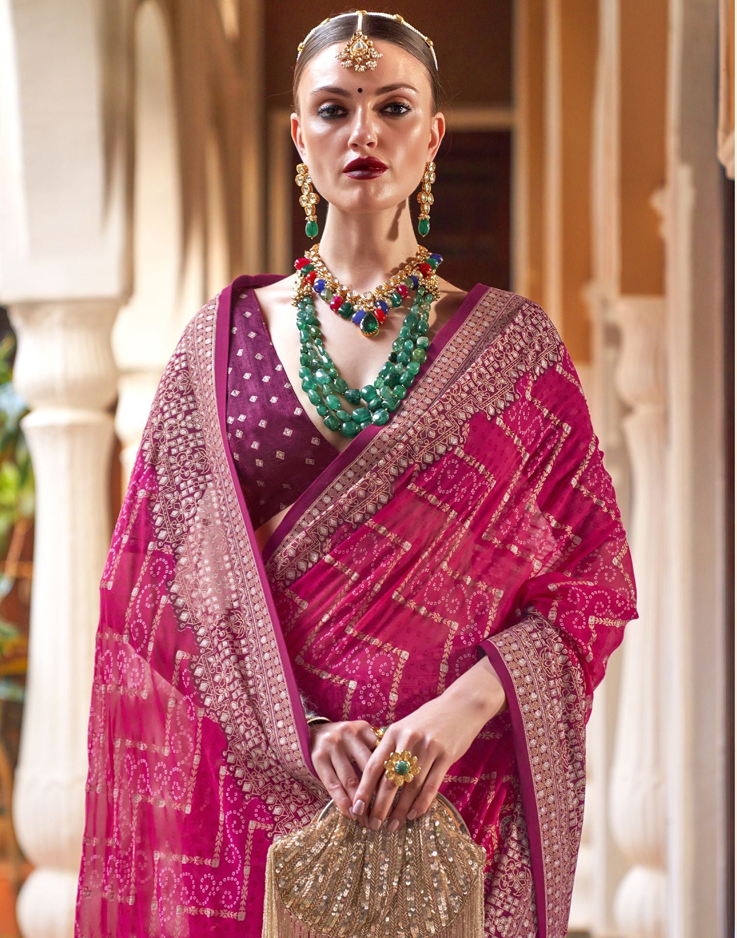 Buy Magenta Leheriya Organza Saree with Bandhani Printed Blouse Modal Piece  | SEP21/SR/01/RUNG3 | The loom