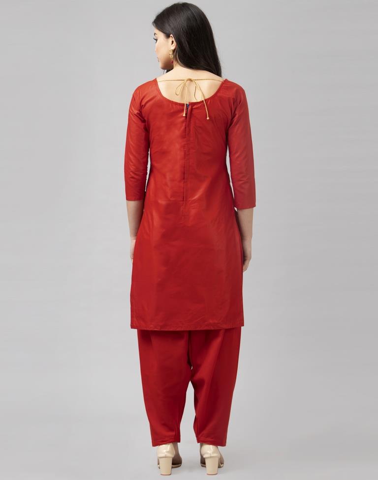 Fire Brick Red Cotton Embroidered Unstitched Salwar Suit | Leemboodi
