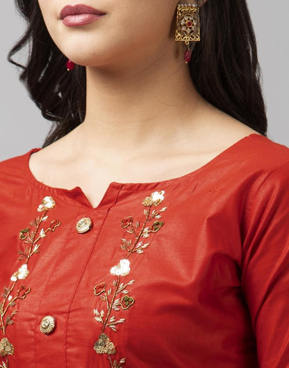 Fire Brick Red Cotton Embroidered Unstitched Salwar Suit | Leemboodi