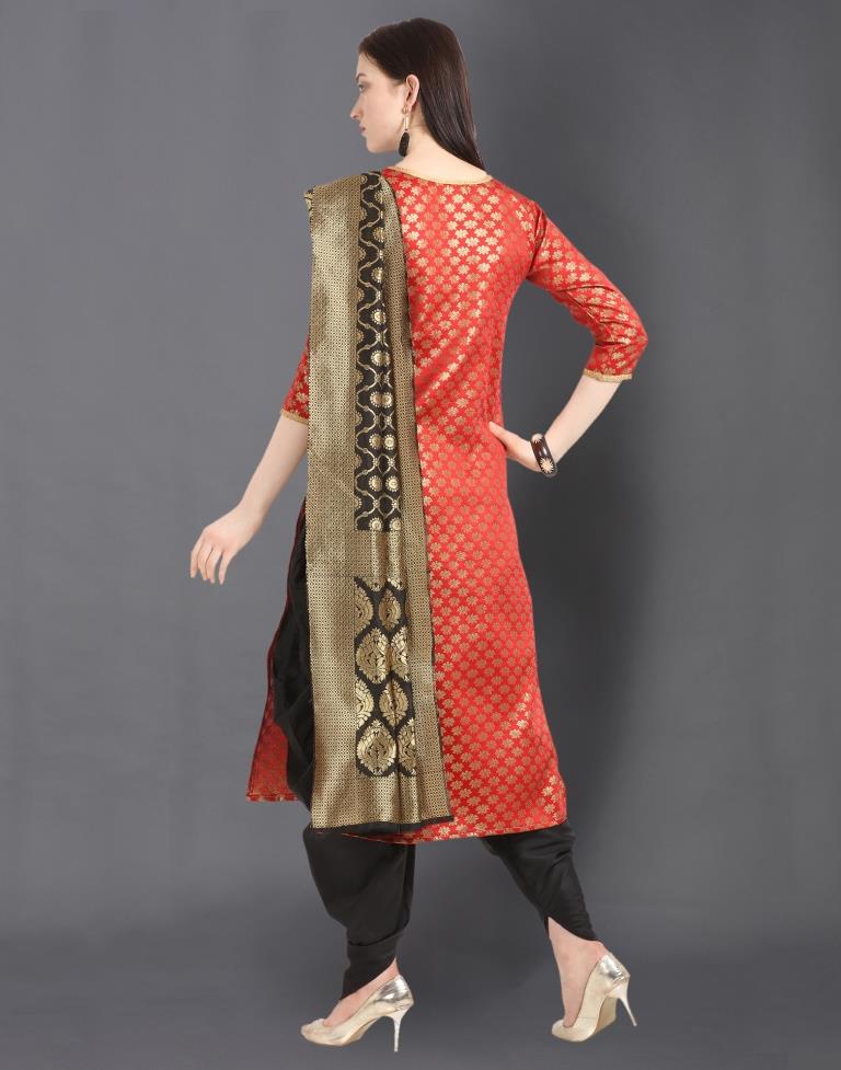 Red Poly Silk Jacquard Unstitched Salwar Suit | Leemboodi