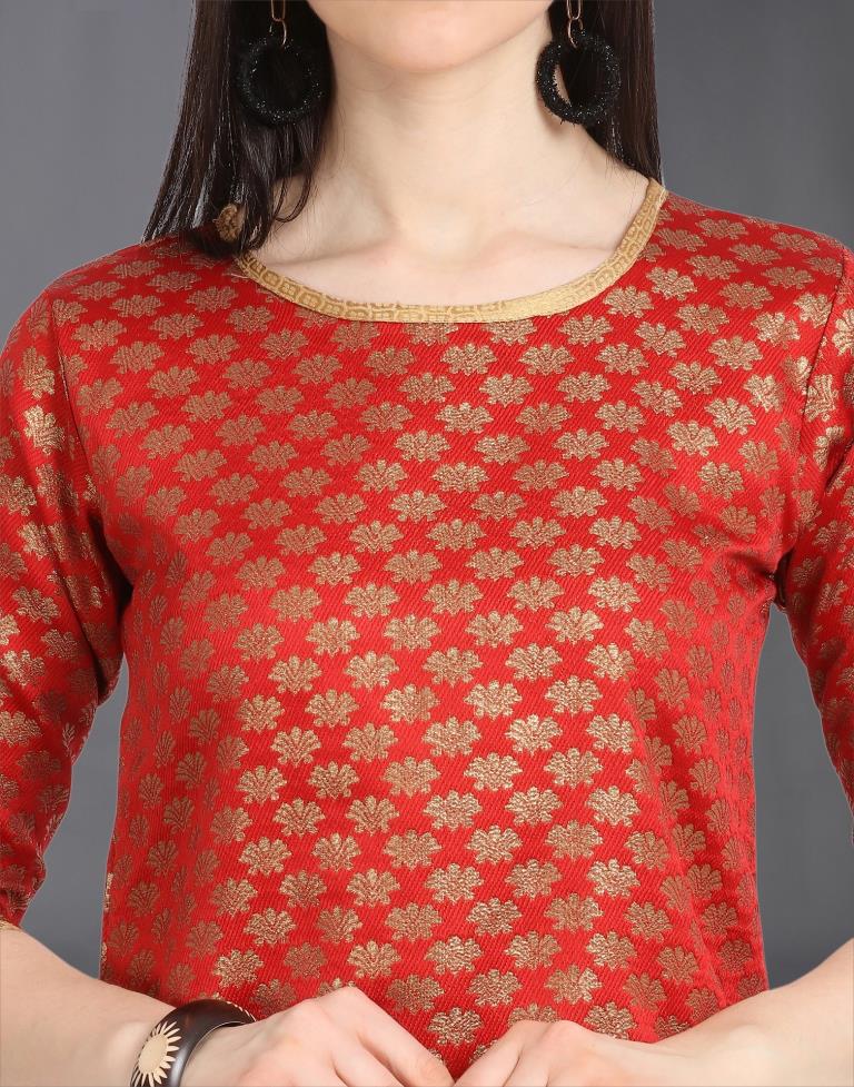 Red Poly Silk Jacquard Unstitched Salwar Suit | Leemboodi