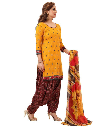 Blissful Mustard Printed Unstitched Salwar Suit | Leemboodi