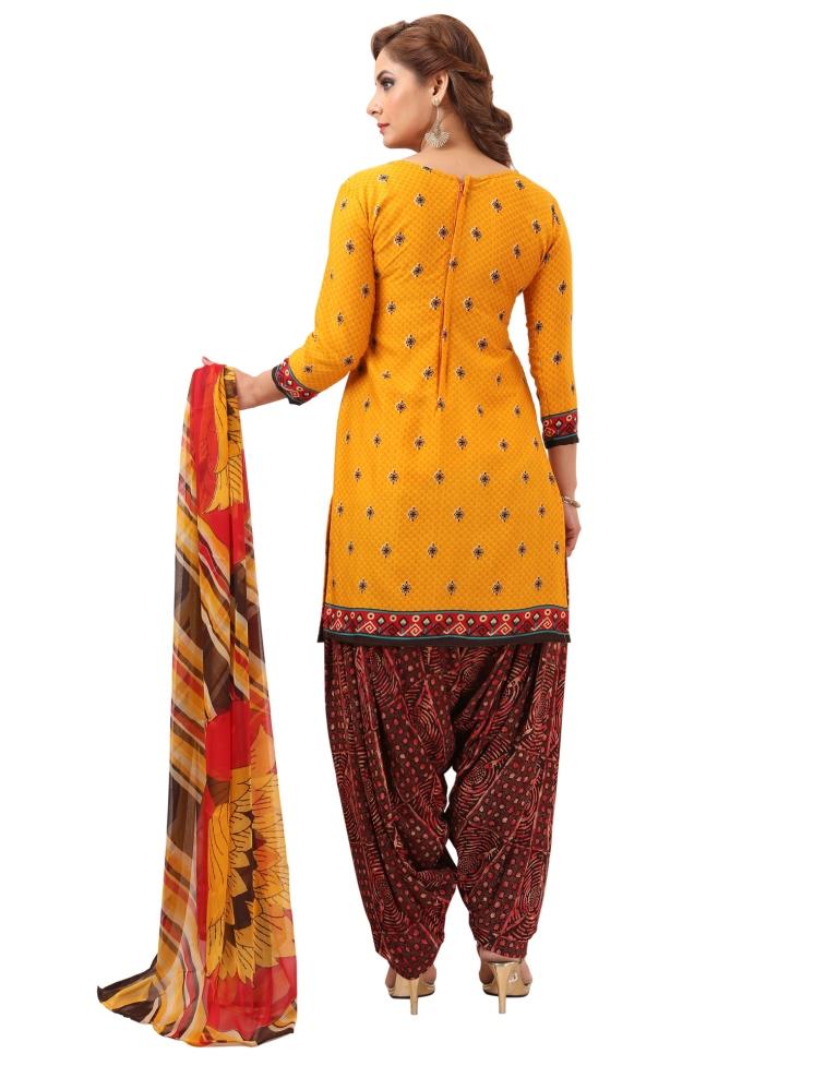 Blissful Mustard Printed Unstitched Salwar Suit | Leemboodi