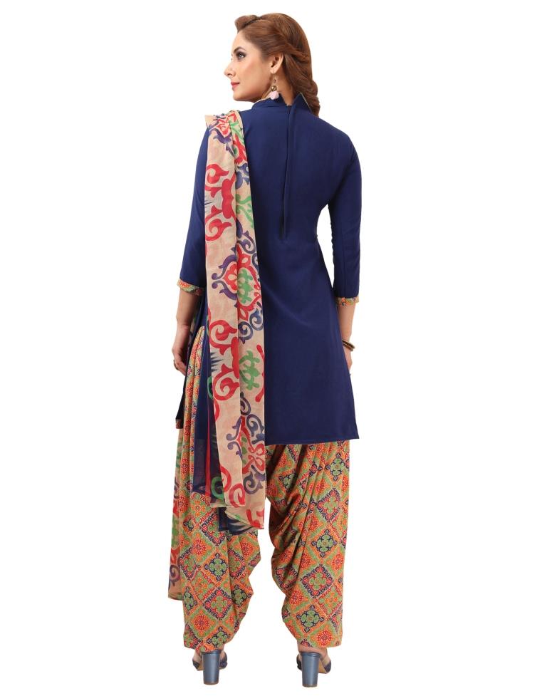 Bewitching Navy Blue Printed Unstitched Salwar Suit | Leemboodi